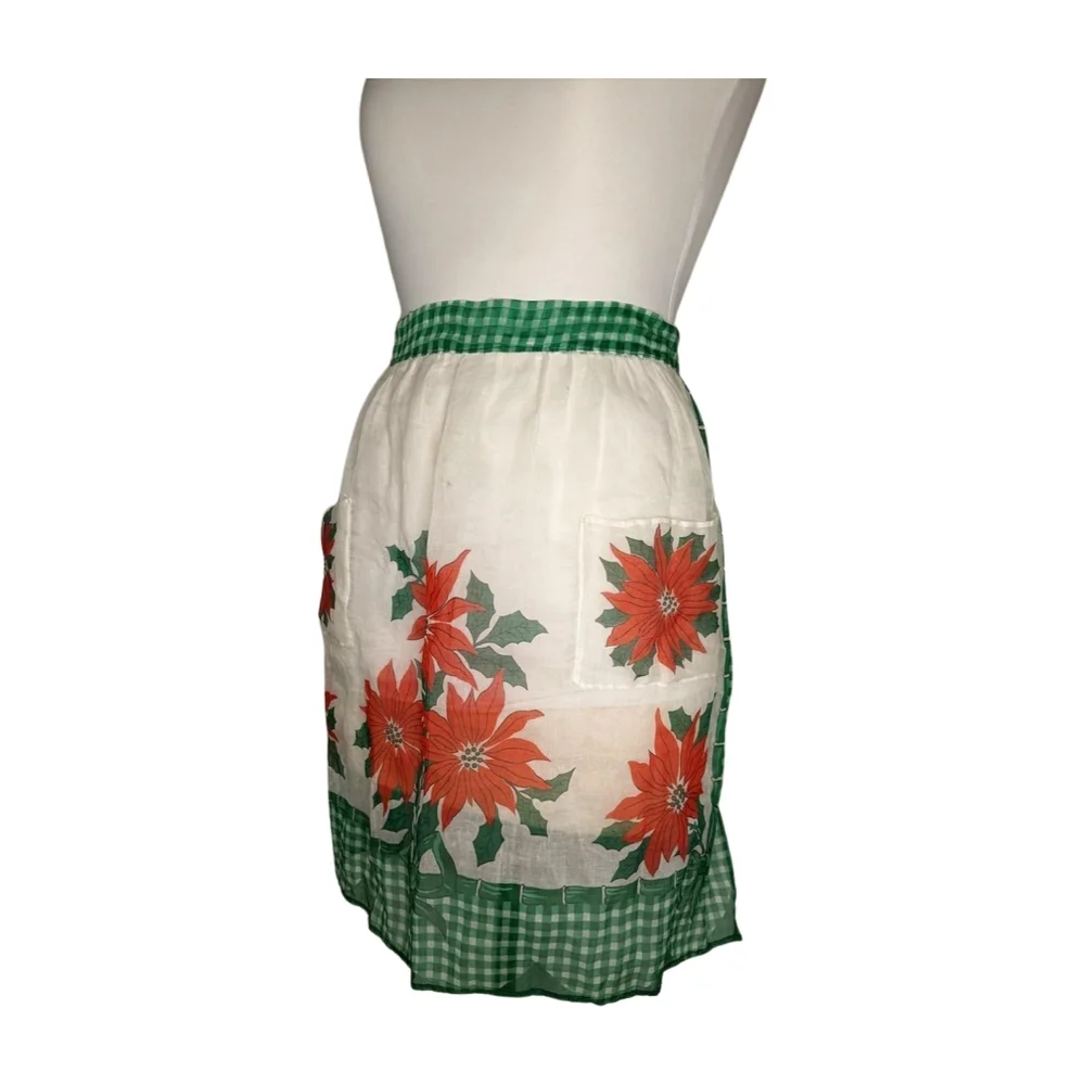 Green Christmas Red Poinsetta Vintage Half Apron Holiday